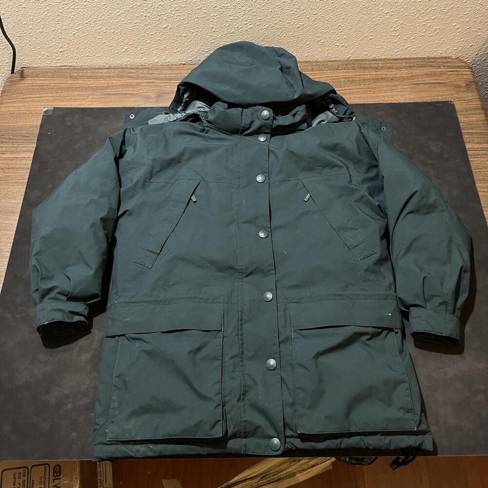 Eddie Bauer Gore Tex Down Parka Womens Petite Medium Green Hooded Winter Coat